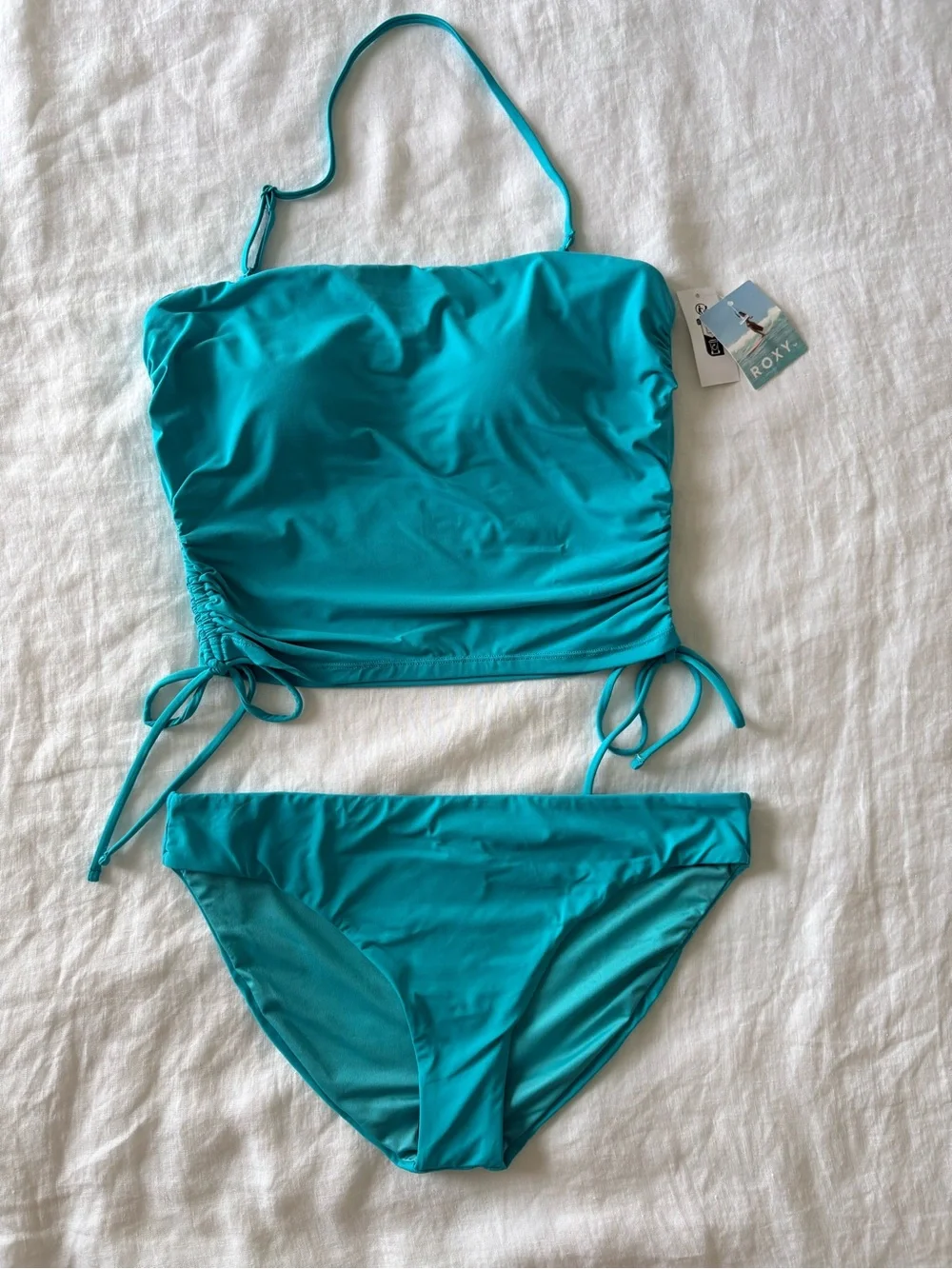 Roxy Bandeau Bikini Set NWT Large Turquoise Adjustable Swim Set Beach Resort